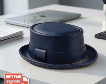 Hand-stitched Leather Pork Pie Hat | Vintage Fedora Jazz Cap, Flat Crown
