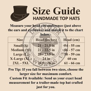 May include: A size guide chart for handmade top hats with a brown top hat icon. The table lists sizes from Small to 5XL with corresponding head measurements in inches and centimeters. It includes instructions to measure head circumference and a note about custom fits.