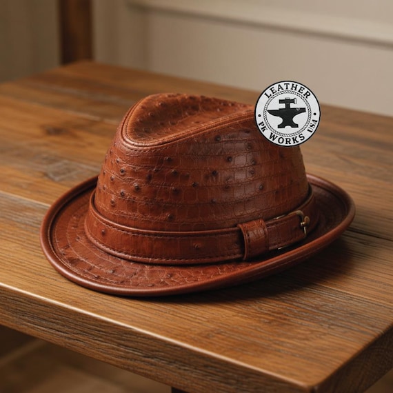 Brown Ostrich Embossed Leather Fedora Hat Stylish Men’s Vintage Wide Brim
