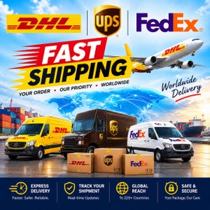 May include: A graphic featuring DHL, UPS, and FedEx logos, a cargo plane, and delivery vans. Text includes FAST SHIPPING, YOUR ORDER OUR PRIORITY WORLDWIDE, Worldwide Delivery, EXPRESS DELIVERY, TRACK YOUR SHIPMENT, GLOBAL REACH, and SAFE & SECURE.