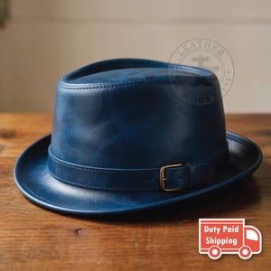 Distressed Red Leather Fedora Hat with Buckle, Vintage Style Leather Pork Pie Hat Blue