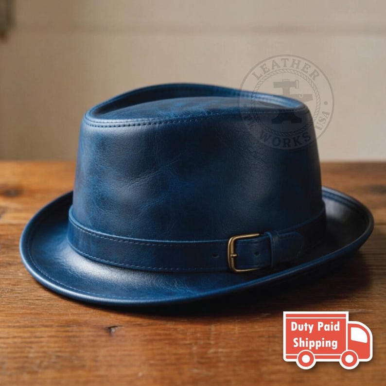 Distressed Red Leather Fedora Hat with Buckle, Vintage Style Leather Pork Pie Hat Blue