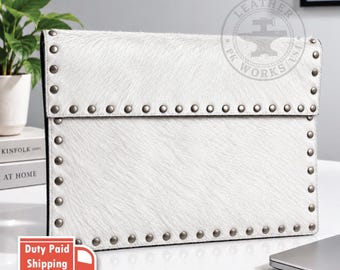 Hair on Hide MacBook Case, Western Cowhide Laptop Sleeve, Studded Solid White Cow Skin Envelope Cover