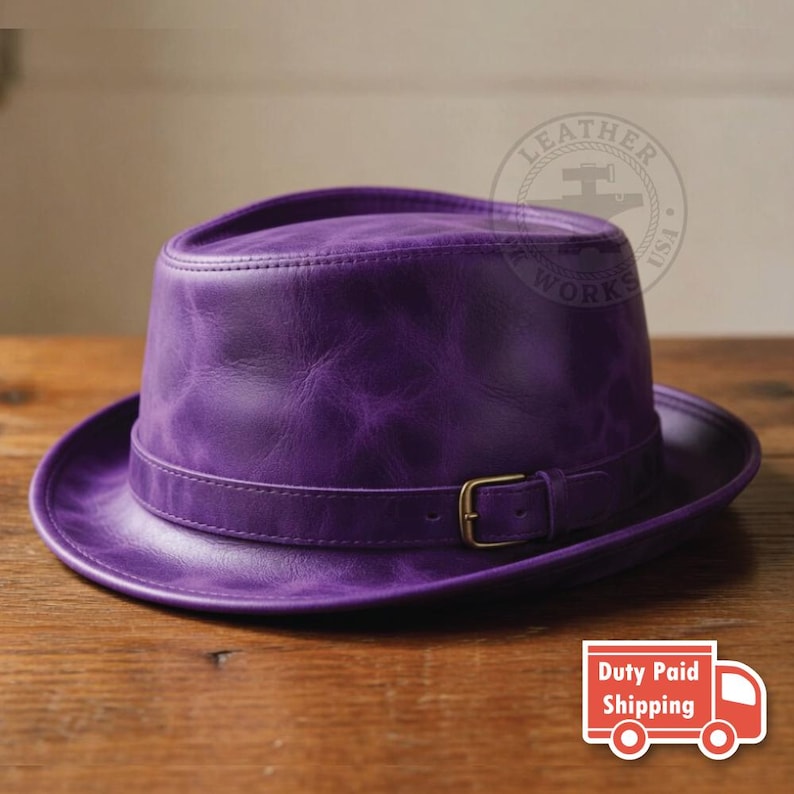 Distressed Red Leather Fedora Hat with Buckle, Vintage Style Leather Pork Pie Hat Purple