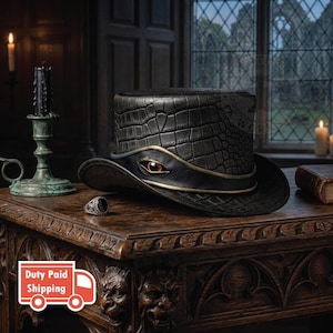 Chapeau haut de forme en cuir oeil de dragon, chapeau cosplay steampunk texturé en crocodile noir