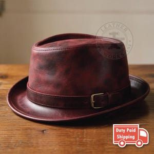 Distressed Red Leather Fedora Hat with Buckle, Vintage Style Leather Pork Pie Hat