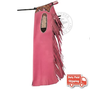 Hand Tooled Leather Rodeo Chaps with Pink Fringe, Custom Western Show Chaps, Floral Carved Feather Leather Chap, Cowgirl Bull Riding Gear