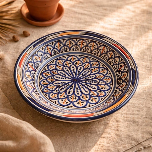 Large Moroccan blue ceramic plate, handmade and hand-painted – Traditional pottery from Safi – Handcrafted couscous dish