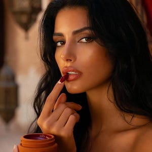 Op de afbeelding: Een vrouw met donker haar en bruine ogen brengt lippenstift aan uit een kleine, terracotta-kleurige pot. Haar vingernagels zijn dieprood gelakt. De achtergrond heeft zachte verlichting en decoratieve lantaarns, wat een warme sfeer creëert.