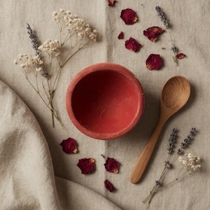 May include: A rustic, red-colored bowl and wooden spoon are arranged with dried rose petals, lavender, and delicate white flowers on a neutral linen surface. The composition evokes a sense of natural beauty and tranquility.