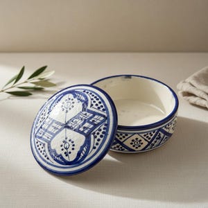 Peut inclure: Un récipient rond en céramique avec un couvercle. Le couvercle et le bord du récipient sont décorés d'un motif géométrique bleu et blanc. L'intérieur du récipient est blanc.