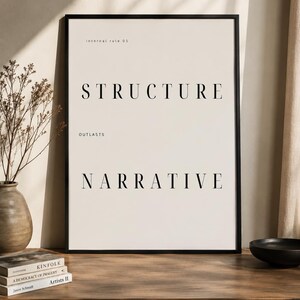 Könnte beinhalten: Ein gerahmter Druck mit den Worten "STRUCTURE OUTLASTS NARRATIVE" in einem minimalistischen Design. Der Druck befindet sich in einem schwarzen Rahmen und liegt auf einer Holzoberfläche mit Büchern und einer Vase. Der Text "internal rule 01" steht oben.