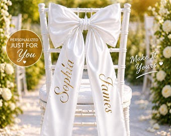 Personalized Satin Wedding Chair Bow, Custom Name Sash, Ceremony Decor