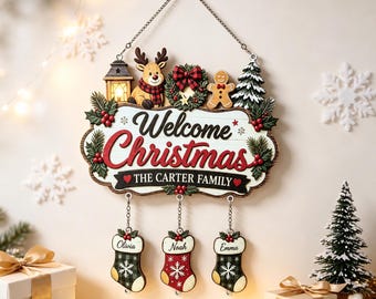 Personalized Christmas Family Hanging Sign with 3 Name Stocking Ornaments