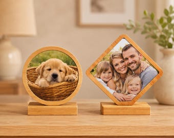 Marco de fotos de madera personalizado, recuerdo personalizado para mascotas, forma redonda de diamante.