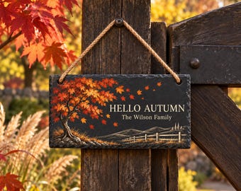 Personalized Slate Autumn Sign, Custom Family Name, Maple Tree Plaque (7.87 x 3.94 inches)