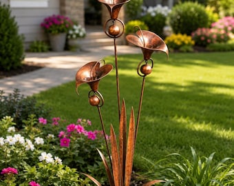 Estaca de hierro con forma de lirio cala para jardín, escultura rústica de bronce con forma de flor para exteriores, decoración para exteriores.