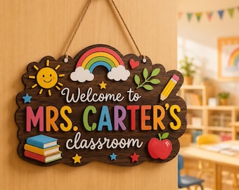 Letrero personalizado para el profesor, letrero de madera 3D personalizado para la puerta del aula, colgador de puerta para profesores, regalo de regreso a clases, decoración para el aula