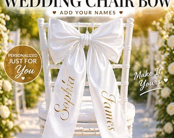 Personalized Satin Wedding Chair Bow, Custom Name Sash, Ceremony Decor
