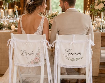 Letrero personalizado para silla de boda, decoración para el respaldo de la silla de los novios, funda de encaje para silla de recién casados, decoración personalizada para la recepción con nombres y fecha.