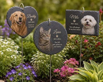 Estaca conmemorativa personalizada para mascotas con foto, lápida personalizada de pizarra para perros y gatos, forma de corazón, redonda o rectangular, regalo de condolencia por la pérdida de una mascota.