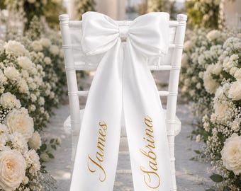 Personalized Wedding Chair Bow, Custom Name Aisle Ribbon, Wedding Chair Decor, Bridal Shower Chair Sash, Romantic Ceremony Decoration