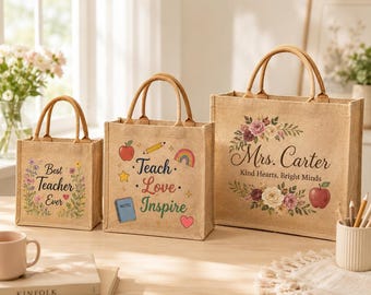 Bolso de mano personalizado para profesores, bolso de yute con el nombre del profesor, regalo de agradecimiento para profesores, regalo de fin de curso, bolso de vuelta al cole.