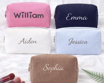 Neceser personalizado con nombre, neceser de tela seersucker, estuche de aseo, regalo para damas de honor, organizador de viaje