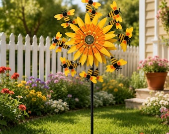 Sunflower and Bees Metal Wind Spinner, Yellow Garden Yard Art Stake, Kinetic Decor