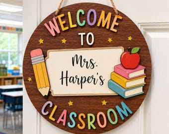 Letrero personalizado para la puerta del profesor, placa personalizada con el nombre del aula, colgador de puerta de madera 3D en capas, regalo de regreso a clases, decoración para el aula.