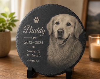 Personalized Pet Memorial Slate, Custom Photo Plaque, Round Stone with Stand