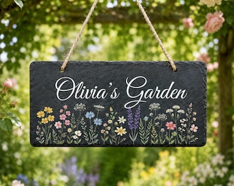 Letrero floral personalizado para jardín, decoración colgante de pizarra a medida, placa para el jardín de mamá, regalo para jardín de flores silvestres, letrero de pared para el hogar