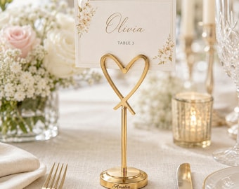 Personalized Gold Heart Place Card Holder, Custom Name Wedding Table Decor