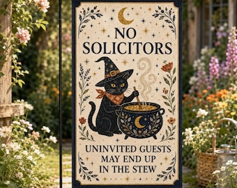 No Solicitors Garden Flag, Witchy Cat Cottagecore Yard Sign, Double Sided Linen Decor
