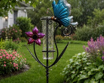 Pluviómetro de metal para jardín con estaca, adorno de mariposa o colibrí para el jardín, decoración rústica para exteriores, herramienta decorativa para medir la lluvia.