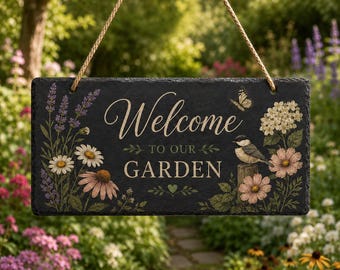 Cartel de pizarra floral personalizado para jardín, placa de bienvenida de estilo rústico campestre.