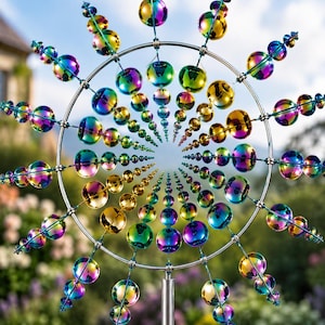 Op de afbeelding: Een kinetische windspinner met een cirkelvormig metalen frame met meerdere uitstralende spaken. Elke spaak is versierd met een reeks iriserende, veelkleurige bollen die variëren van goud tot blauw en paars, wat een reflecterend effect creëert.