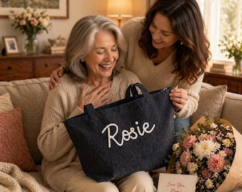 Bolso tote de pana personalizado con bordado de nombre a medida – Bolso de hombro para uso diario