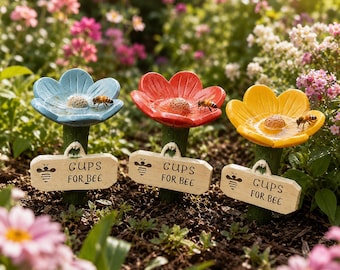 Resin Flower Bee Watering Station, Butterfly Waterer Cup, Pollinator Garden Decor