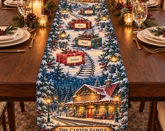 Personalized Christmas Table Runner, Custom Family Names, Double Sided Holiday Dining Decor