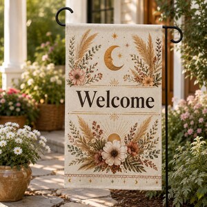 Boho Welcome Garden Flag, Neutral Floral Moon Flag, Linen Yard Flag, Bohemian Porch Decor, Rustic Outdoor Housewarming Gift