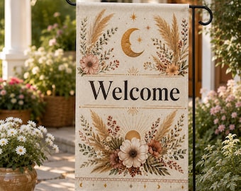 Bandera de bienvenida estilo bohemio para jardín, bandera floral neutra con forma de luna, bandera de lino para patio, decoración bohemia para porche, regalo rústico para inauguración de casa al aire libre