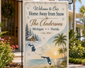 Bandera de jardín personalizada "Snowbird", "Hogar lejos de la nieve", con nombre y estados personalizados, "Casa de invierno en Florida", regalo para parejas jubiladas.