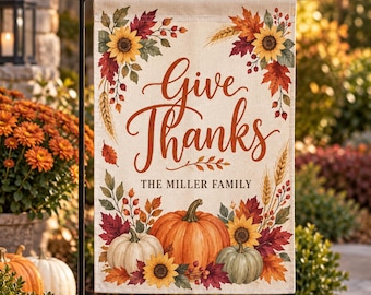Personalized Thanksgiving Garden Flag, Linen Texture, Fall Decor (12x18 inches)