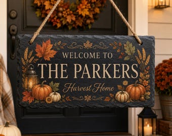 Personalized Slate Welcome Sign, Fall Pumpkin Door Hanger, Family Name Plaque