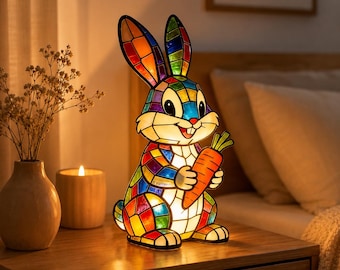 Colorful Stained Glass Bunny Lamp, Rabbit Holding Carrot Night Light