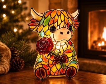 Colorful Highland Cow LED Night Light with Rose, Cute Cow Table Lamp, Resin Animal Lamp, Cow Lover Gift, Cozy Bedroom Decor