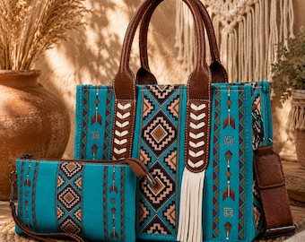 Bolso tote estilo bohemio con cartera de mano a juego, bolso de hombro de lona estilo western, bolso estilo suroeste, bolso de mercado para el día a día, regalo para ella.