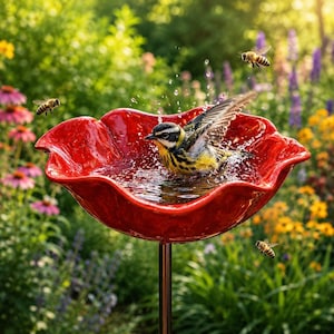 Peut inclure: Un bassin d'oiseaux rouge vif en forme de fleur monté sur un fin poteau métallique. Un petit oiseau jaune, noir et blanc s'ébroue dans l'eau du bassin, tandis que plusieurs abeilles volent autour des pétales rouges du bain d'oiseaux.
