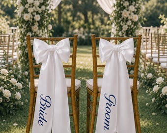 Lazos para sillas de boda para novios, decoración personalizada de sillas con cinta de satén, decoración personalizada para el pasillo de la ceremonia nupcial con nombre.